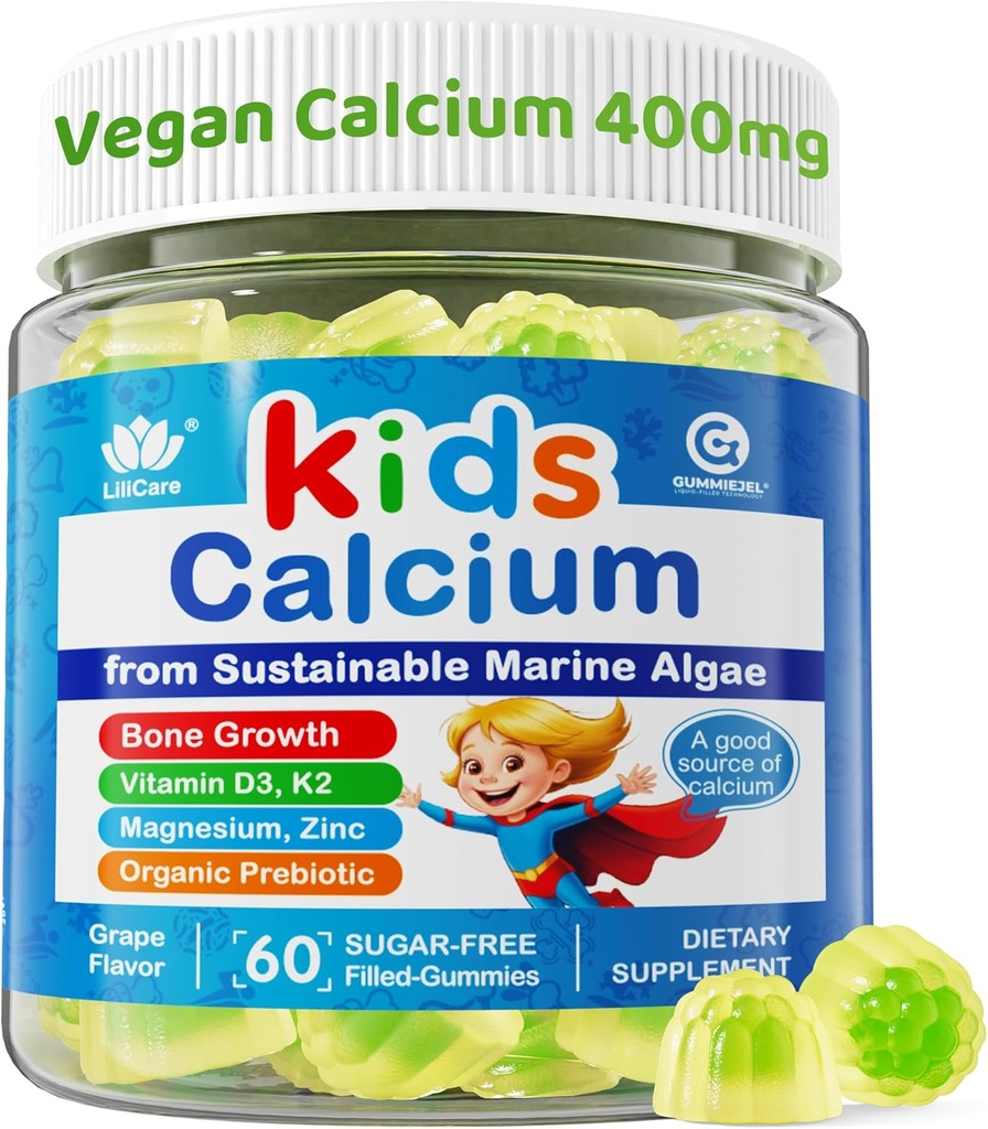Los niños Calcio Gummies + Vitamina D3 K2, Magnesio, Zinc, Absorción Extra Algae Suplemento Calcio Para los niños Gentle to Stomach, Bone, Tientes, Muscle, Cerebro, Azúcar Niños Libres Chewable Vitaminas 4+, 60 Condes