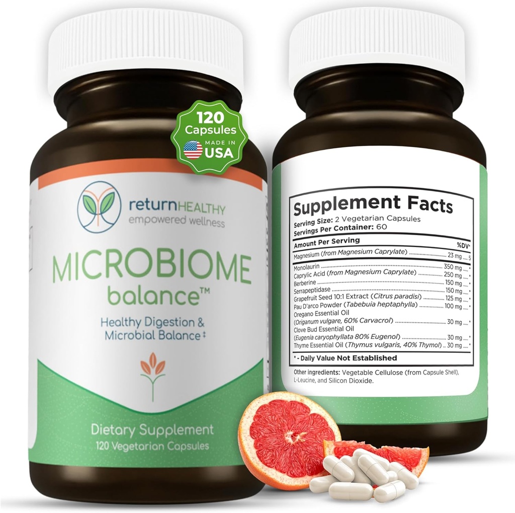 Microbiome Balance, Gut Health Supplements for Women and Men, Digestion Supplement with Monolaurin and Caprylic Acid, All-Natural Detoxification Supplement for Digestive Health, Digestive Boost 120 C