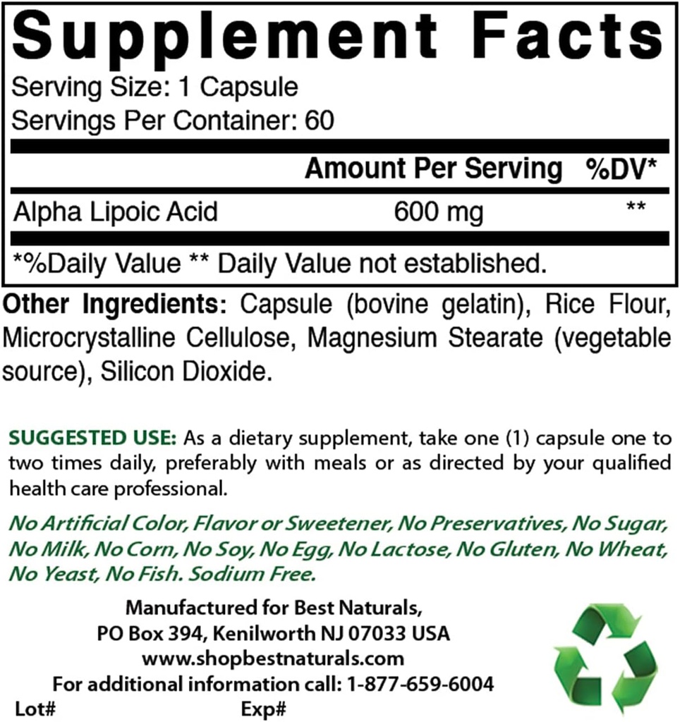 Mejores Naturales Ácido Lipoico alfa 600 mg " Acetyl L-Carnitine 1000mg