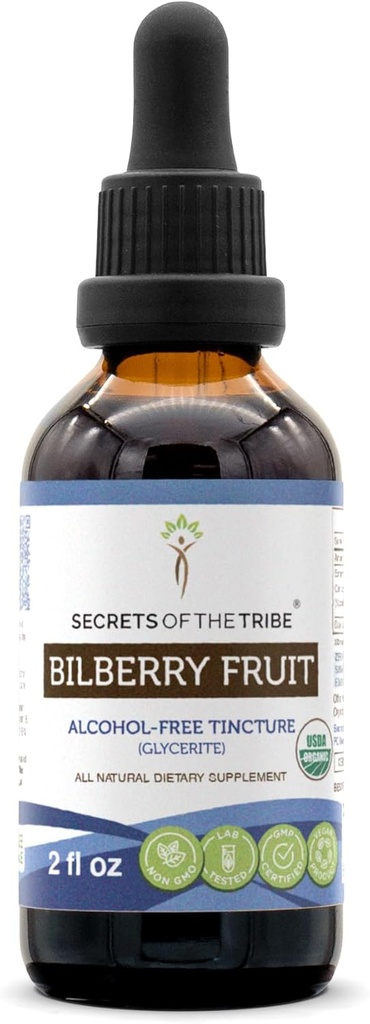 Secrets of the Tribe Bilberry Fruit USDA Orgánica ← Extract libre de alcohol, gotas herbales de alta potencia, Visión ← Hecho de 100% Certified Organic Bilberry (Vaccinium Myrtillus) Fruta seca 2 oz