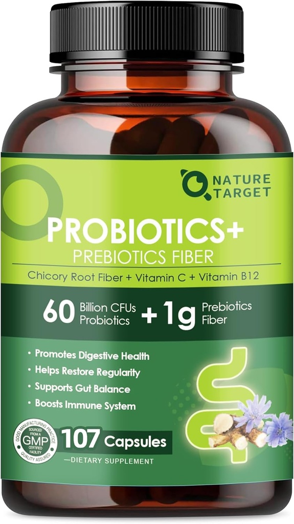 Probióticos para la salud digestiva de las mujeres con fibra prebiótica - Suplemento de fibra con 60 millones Probiótico para regularidad " limpieza de las tripulaciones - 107 cápsulas vegetales