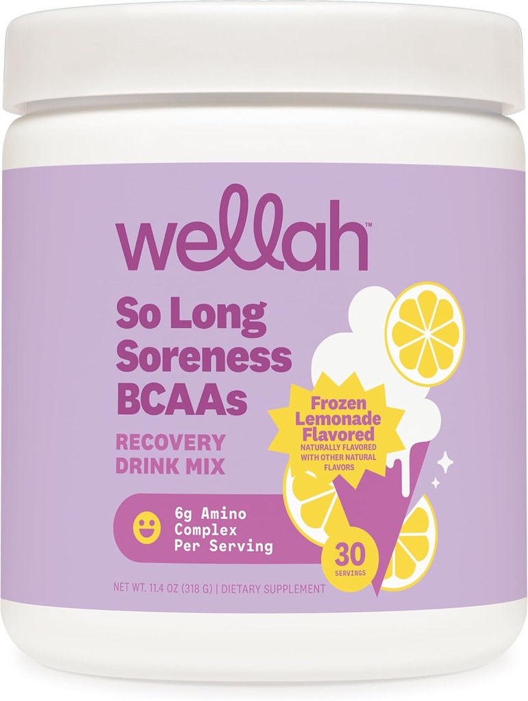 Wellah So Long Soreness BCAA Powder (Frozen Lemonade Flavored) 30 Servimientos - con Complejo de Hidratación