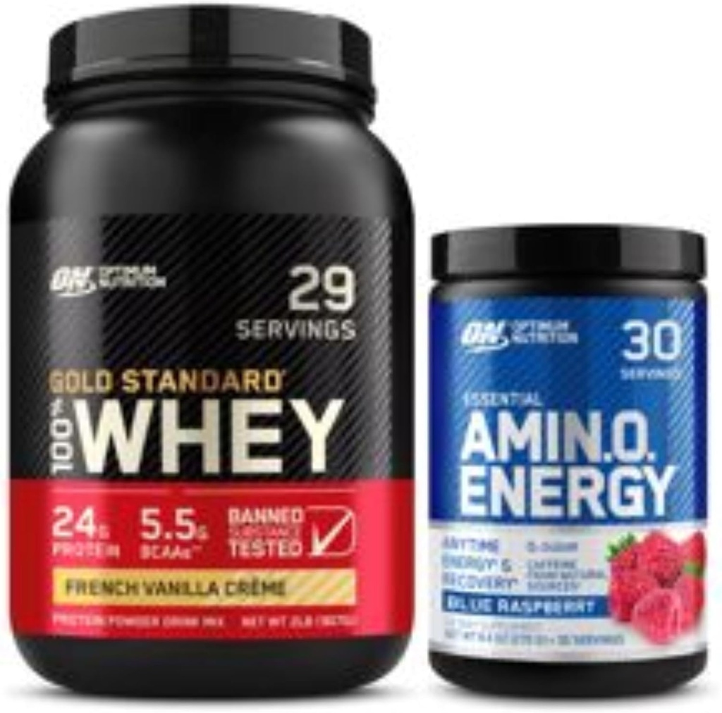 Optimum Nutrition Dynamic Duo Bundle: Amino Energy, Blue Raspberry (30 Servings) y Gold Standard 100% Whey Protein Powder, French Vanilla Creme (29 Servings)