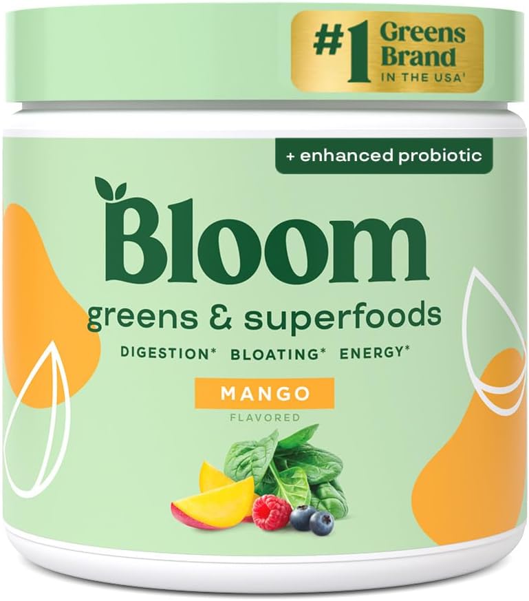 Bloom Nutrition Superfood Greens Powder, Enzymes Digestivos con Probióticos y Prebióticos, Gut Health, Bloating Relief for Women, Chlorella, Green Juice Mix with Beet Root Powder, 30 SVG, Mango