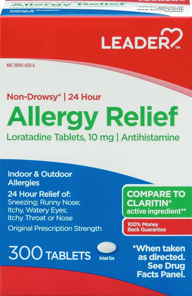 Líder 24 horas Alivio de la Alergia, No-Drowsy, Loratadine 10mg, Antihistamínico, Fuerza de Prescripción Original, Alivio Sinusal, Interior y Al aire libre, Alergia Antiacción, 300 Tabletas