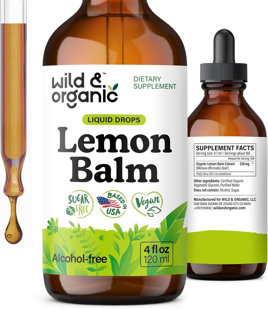 Wild &amp; Organic Lemon Balm Tincture - Mood Support Supplement - Melissa Lemon Balm Leaf Extract Drops - Vegan, Sugar &amp; Alcohol-Free Calming Supplement - 4 fl oz