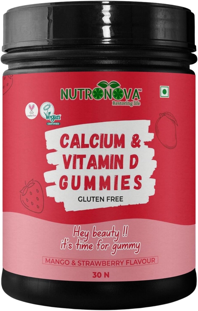Genérico Rise. Calcio &amp; Vitamina D Gummies Vegan para Mujeres (30 gummies Chewables, sabor de mango & fresa) Fortificado con vitamina D 200IU, y calcio para dientes fuertes y huesos, Nautral