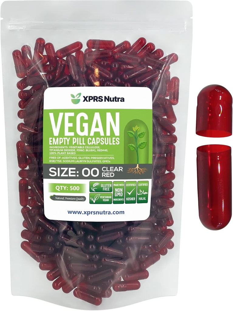 XPRS Nutra Tamaño 00 Empty Capsules - 500 Conde Vacío Cápsulas Vegan - Láminas Vacío Vegetarianas - DIY Cápsulas Vegeta Filling- Veggie Pill Caps (Clear Rojo)