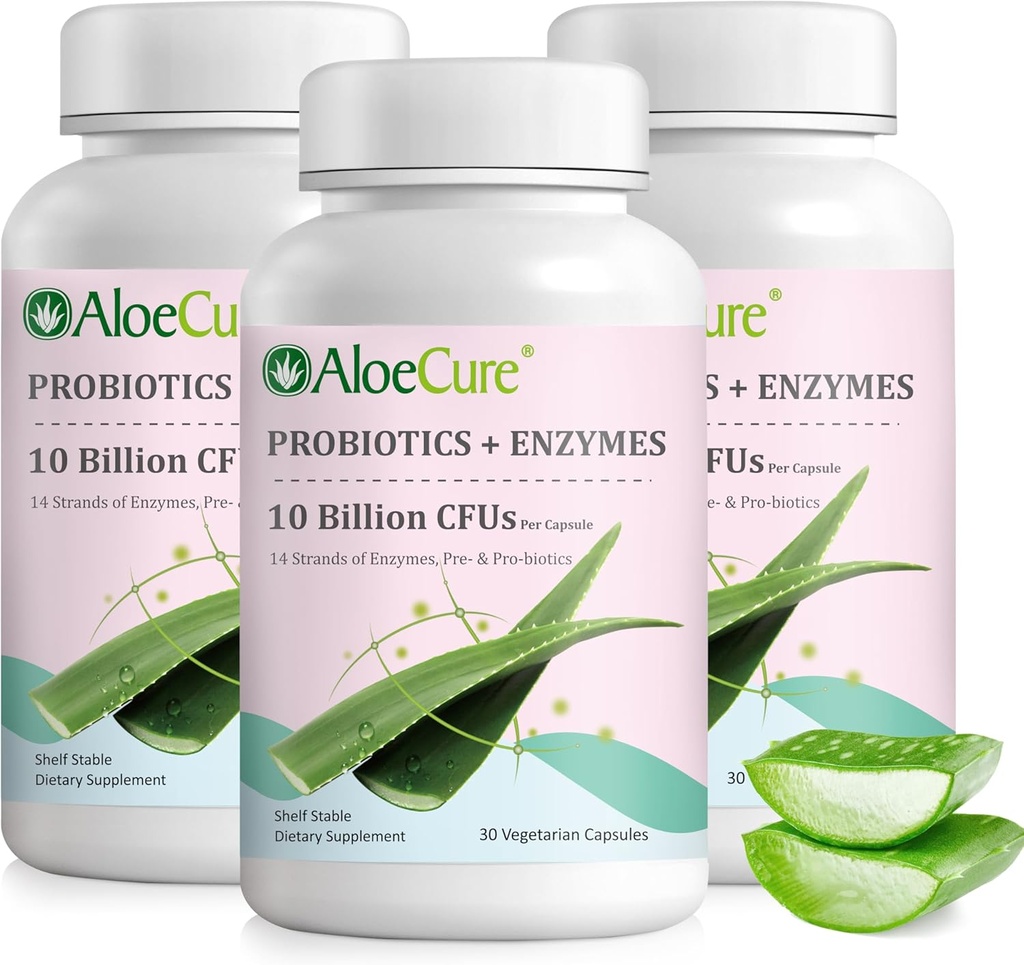 AloeCure Daily Probiotics 10 Billion CFU for Digestive Support 8 Strains, 6 Prebiotics & Enzymes - Suplemento Digestivo con Bromelain for Women &amp; Men - Gut Support, Digestive Relief, 30 Caps x 3btls