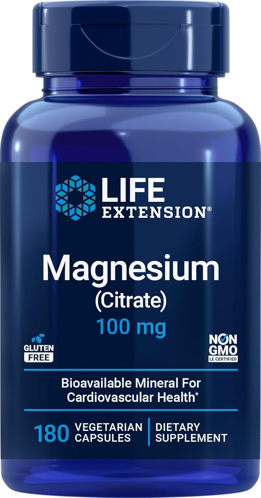 Ampliación de vida Citrato de magnesio 100mg, 180 Veg Caps - Suplemento natural de Mag - 100 mg de apoyo mineral cápsulas - Vegan, Vegetariano, No GMO