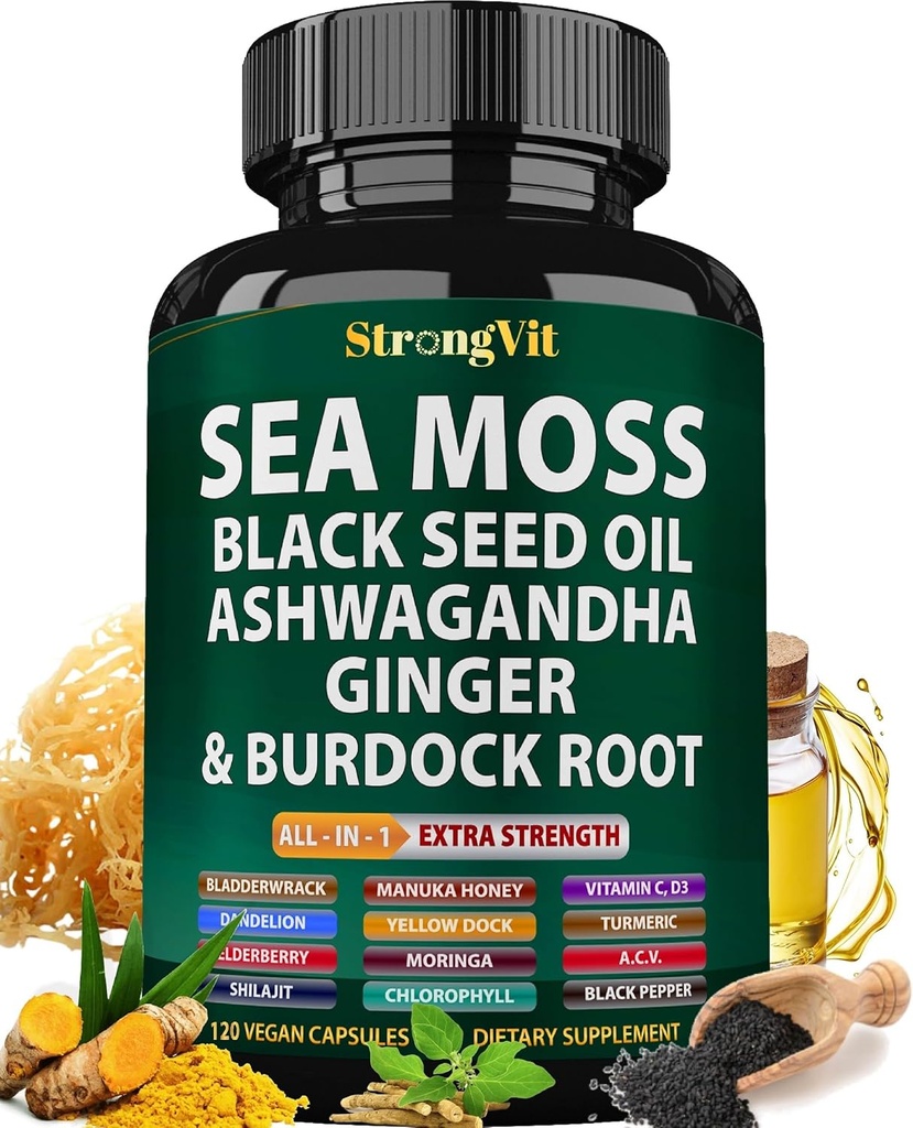 Sea Moss Black Seed Oil Ashwagandha Ginger, Organic Sea Moss Capsules with Burdock Root, Irish Seamoss Pills with Bladderwrack, Turmeric, Shilajit, Multimineral Supplement, USA (120 Capsules)