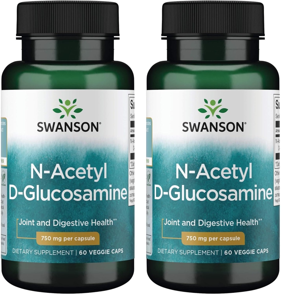 Swanson N-Acetyl D-Glucosamine - Suplemento Natural Promoción de Juntas Apoyo " Salud Gastrointestinal - Fórmula Natural Apoyando el cartílago saludable - (60 cápsulas vegetales, 750 mg cada uno) (2 Pack)