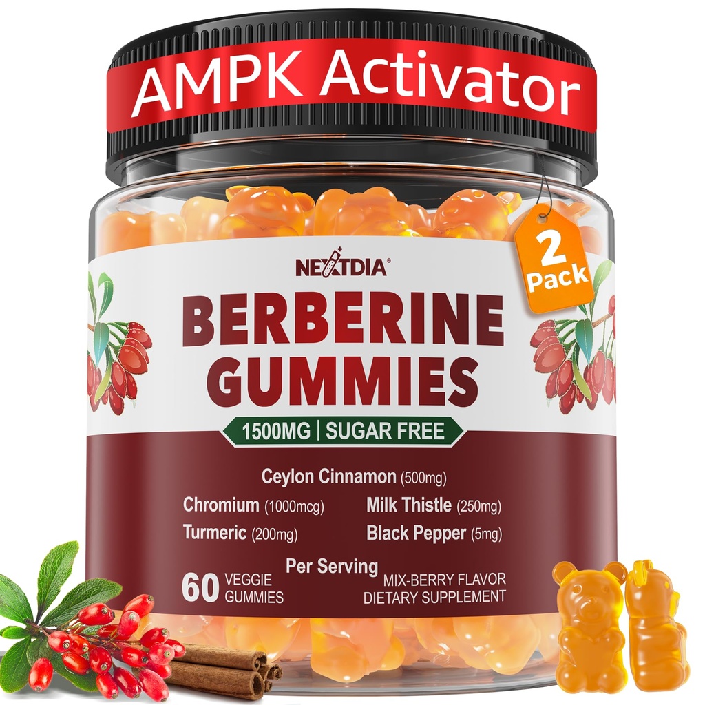 2 Pack - Berberine Gummies 1500mg Azúcar Libre, Orgánica Beberina Suplemento w/Ceylon Cinnamon, Cromo, Turmeric, Milk Thistle for Metabolism, Berberine HCl de Indian Barberry Extract, Vegan
