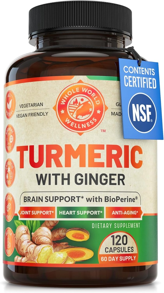 Curcumina Turmérica Orgánica con Pepper Negro Ginger, 2 Month Supply. Apoya la salud cardíaca, la salud cerebral y la salud conjunta. Max Absorption Turmeric Supplement. NSF Certified, Made in USA. 120 cápsulas.