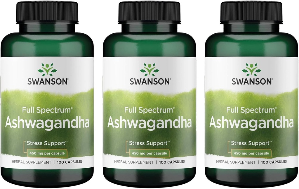 Swanson Ashwagandha Powder Supplement-Ashwagandha Root Promoting Stress Relief & Energy Support-Ayurvedic Supplement for Natural Wellness (100 cápsulas, 450 mg cada uno) 3 Pack