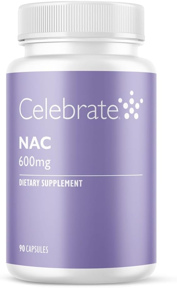 Celebrar vitaminas NAC (N-Acetyl Cysteine) Suplemento, 600 mg por cápsula, Gluten Free, No-GMO, 90 cápsulas