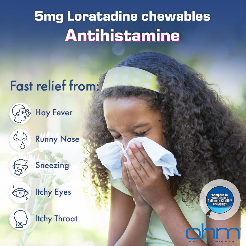 Ohm Loratadine Chewable, Dye Free, Bubblegum, Non-Drowsy 24h Relief of Sneezing, Runny Nose, Watery Eyes, Itchy Throat o Nose, Antihistamine, Indoor &amp; Outdoor Alergies, 5mg, 30 Tablets