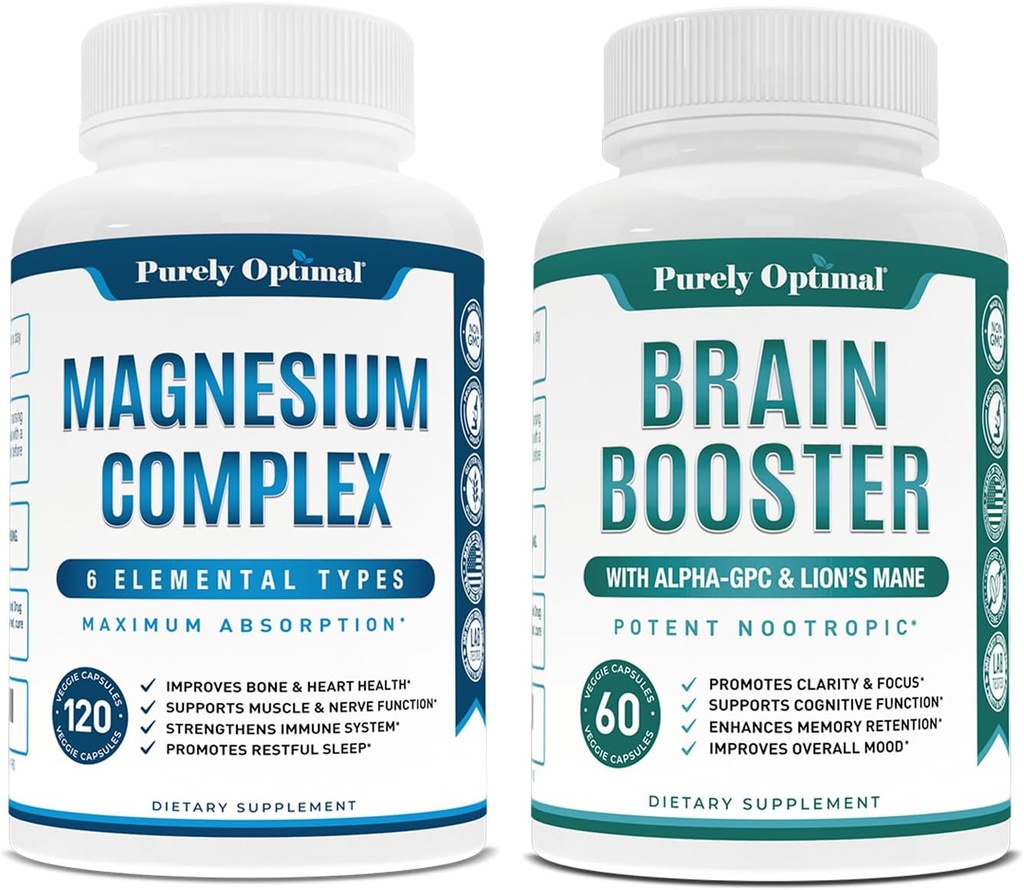 Suplemento Complejo de Magnesio - Citrate, Malate, Taurate, Oxide, Bisglycinate Chelate, Aspartate + Suplemento Cerebro - Booster Cerebro Nootrópico para Focus, Clarity, Memoria Mejorada, Concentración