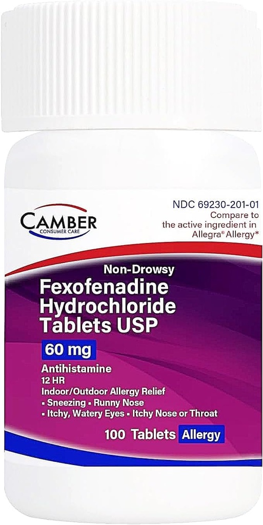 Camber Fexofenadine Antihistamine Indoor Alergia al aire libre Tabletas 60Mg 100 Conde