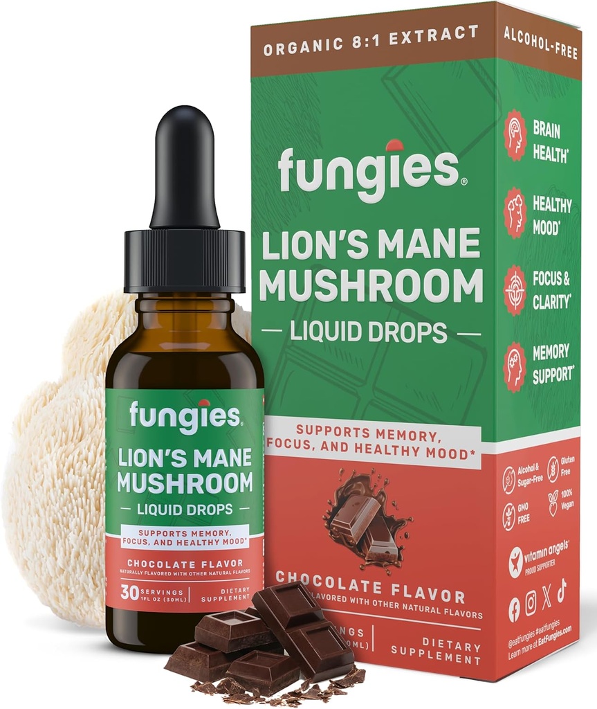 Fungies Lion's Mane Mushroom Liquid Drops, Chocolate - Tintura con Lions Mane Extract soporta Brain Fog, Focus, Memory & Healthy Mood - Mushroom Complex Supplement for Adults - 30 Servings