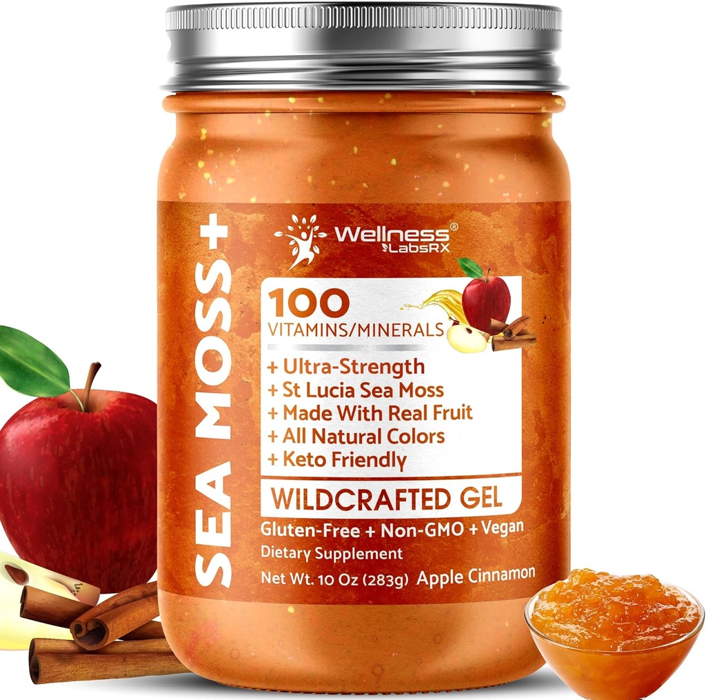 Irish Sea Moss Gel Raw - Wildcrafted Superfood Seamoss Gel - Apple Cinnamon Flavor, Vitamina y Mineral-Rich de Pristine Caribbean Waters, Immune y Digestive Health Support - 10 oz