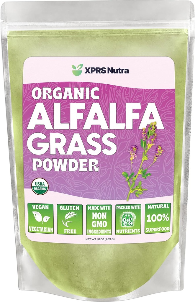 XPRS Nutra Organic Alfalfa Powder - Premium Vegan Supplement Rich in Calcium, Antioxidants, Vitamins - Farmer Supplement for Kids and Adults - Vegan Friendly Alfalfa Leaf (16 Ounce)
