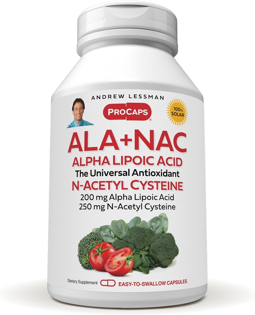 ANDREW LESSMAN ALA + NAC Alpha Lipoic Acid with N-Acetyl-Cysteine 360 Capsules - Ultra-High Potency, Anti-Oxidant Support for Nervous System, Heart, Brain, Liver, Kidneys, Lungs, Energy. No hay aditivos