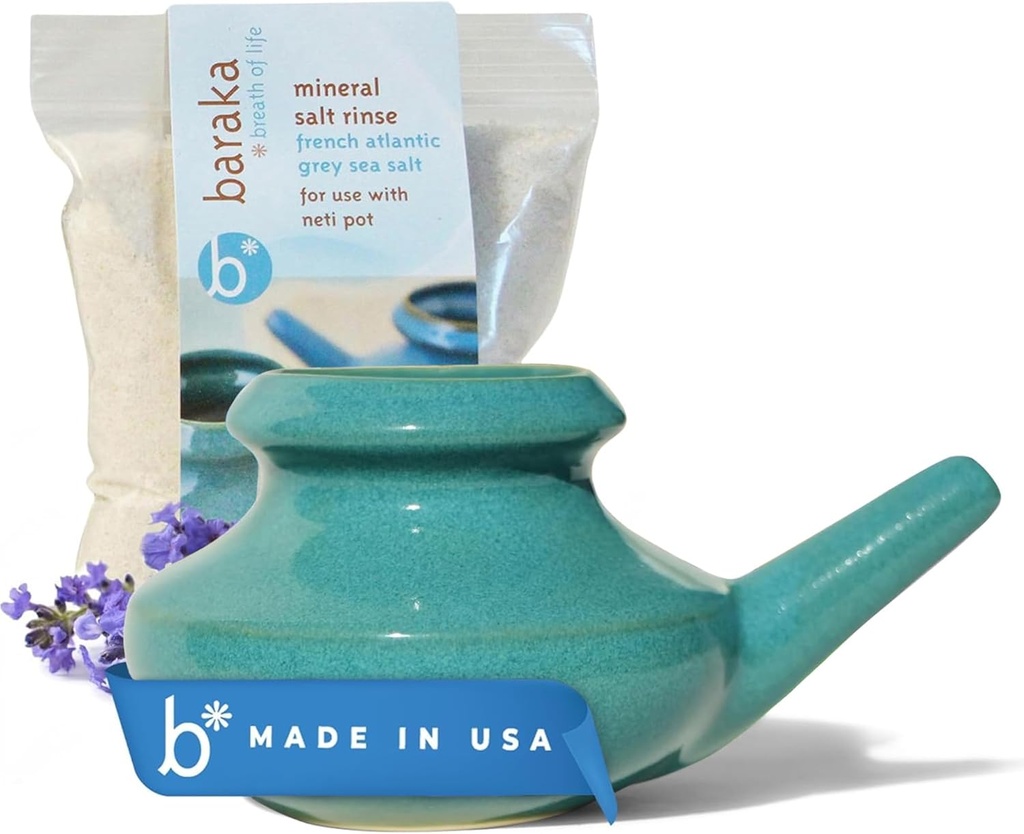 Baraka Neti Pot Tool Kit - Snoring &amp; Saline Solution, Handcrafted Ceramic Dishwasher Safe with 2oz Mineral Sea Salt for Nose Cleaning " Sinus Rinse Perfect for Allergy Relief in Adults " Kids (Jade)
