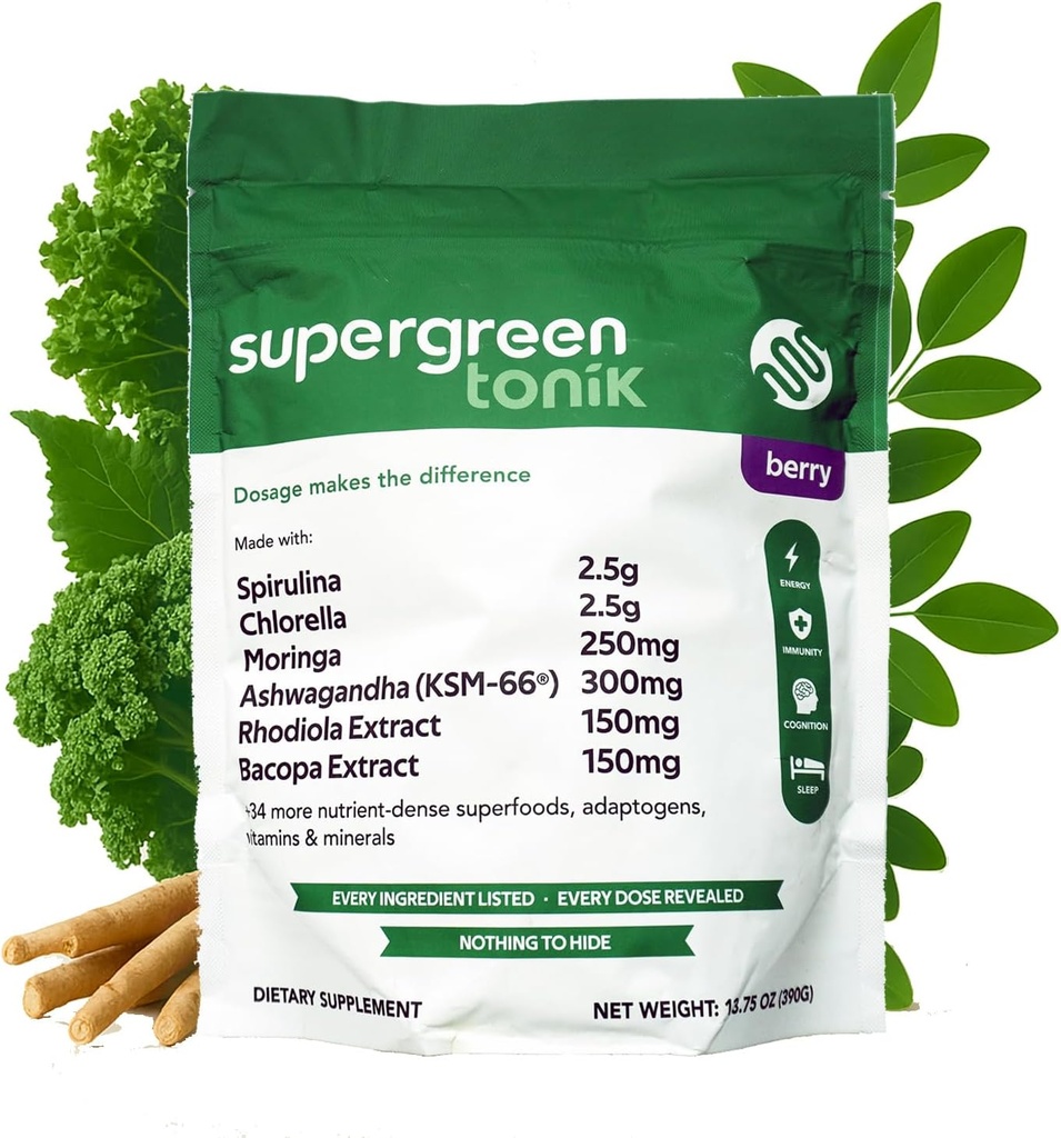 100% Natural Greens Superfood Powder – Suplemento diario con 40 Superfoods, Vitaminas y Minerales – Apoya Energía, Estrés e Inmunidad – 30 Días 360 Grams Berry Flavor (1 Bolsa)