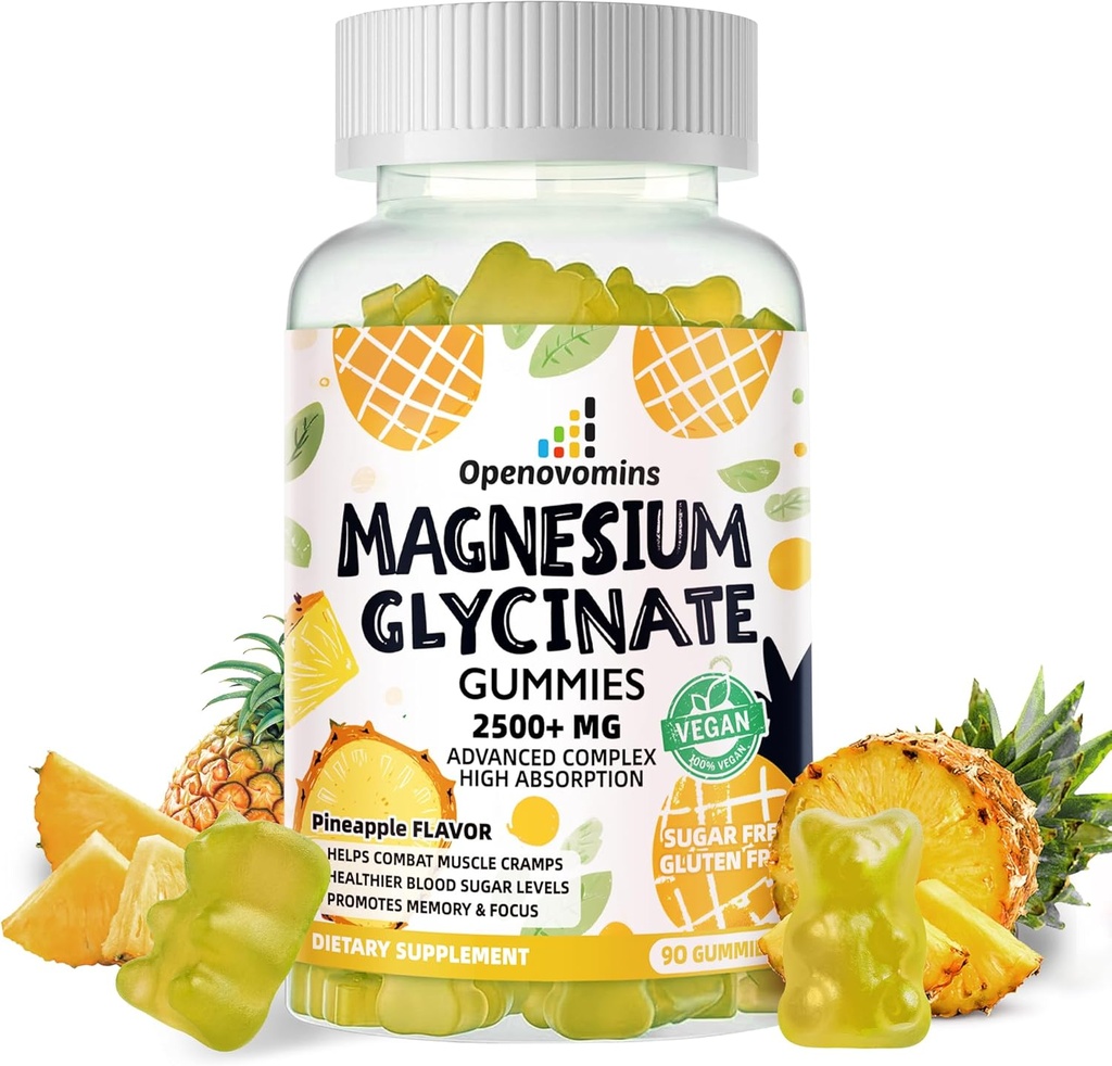 Magnesio Glycinate Gummies 2500mg - Suplemento de Potasio de Magnesio Libre de Azúcar con Vitamina D, B6, CoQ10 para calma Mood &amp; Sleep Support - 90 Pineapple Gummies