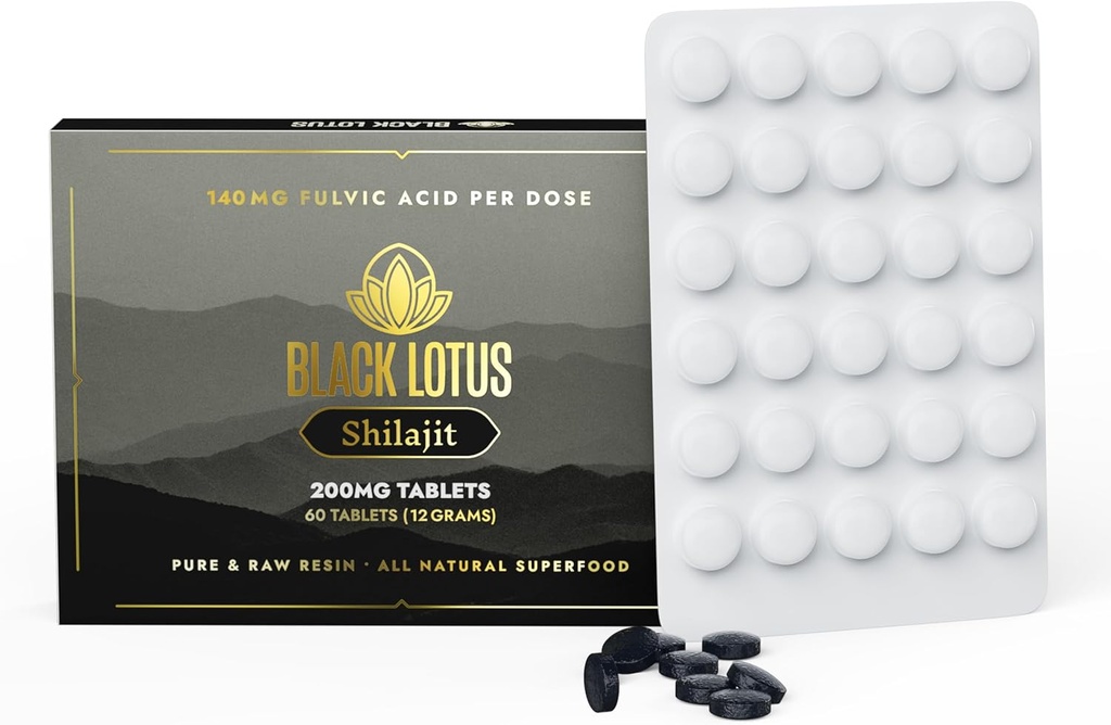 Black Lotus Shilajit Resin Tablets, 60 Conde, 200mg Cada, 100% puro Shilajit natural para Hombres &amp; Mujeres con Aminoácidos, 140mg Ácido Fulvic, 85 Ionic Trace Minerals, para Immune Support, Focus, Energy