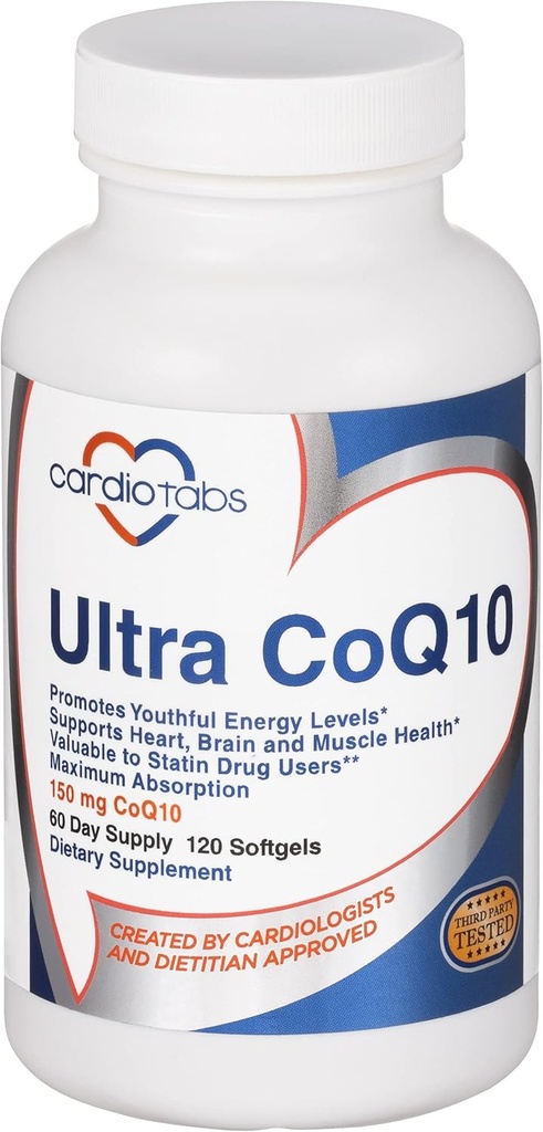 Ultra CoQ10 Coenzyme Suplemento para Cardio Health, 150 mg de CoQ10 - Ubiquinone - Per 2 Softgels w/Safflower Oil " Tocopherols, 6X Better Absorption for Brain &amp; Muscle Health, 120 Softgels