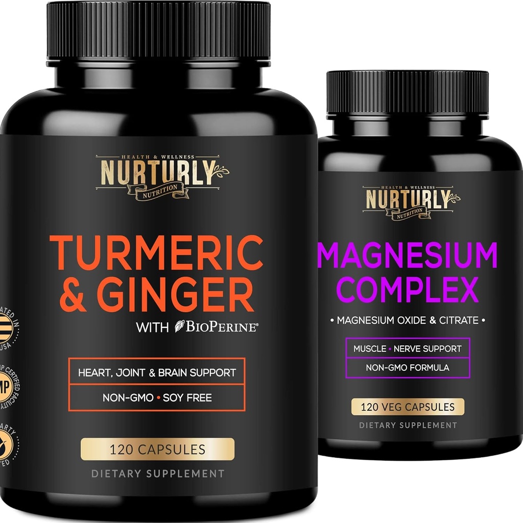 Magnesium Complex and Turmeric Curcumin with BioPerine&Ginger - Magnesium Citrate 500MG - Muscle Relaxation, Sleep and Energy, Bone Density and Strength, Hearth