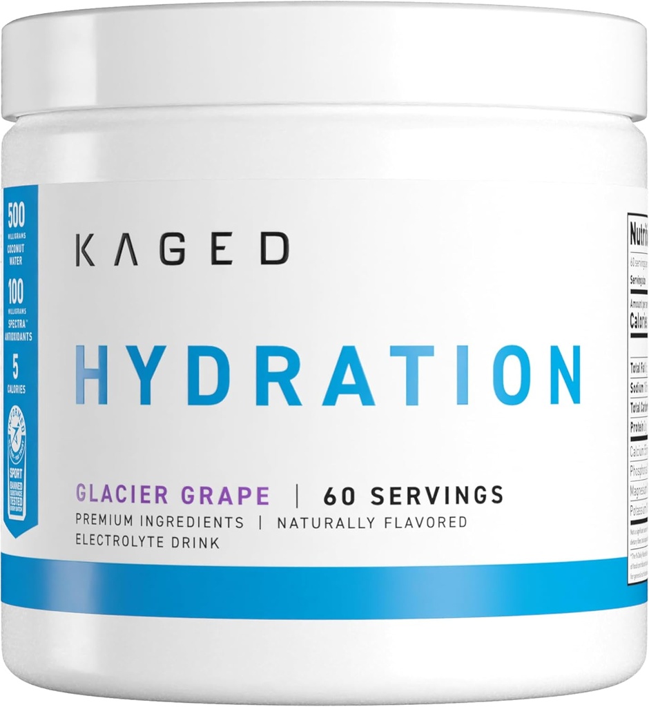 Kaged Hydration Electrolytes Powder | Glacier Grape | Hydra-Charge Sports Drink Mix | Pre, Post, Intra Workout | Low Carb, Vegan, Gluten Free | Supplements for Men & Women | 60 Servings