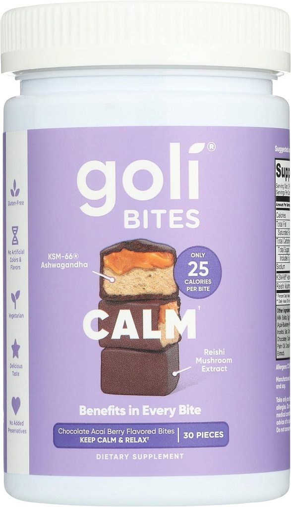 Goli Nutrition Calm Ashwagandha Bites Chocolate Acai Berry Flavor, Caffeinated, Vegetarian, Gluten Gratis y No Añadido Preservadores, 30 piezas (Pack of 1)