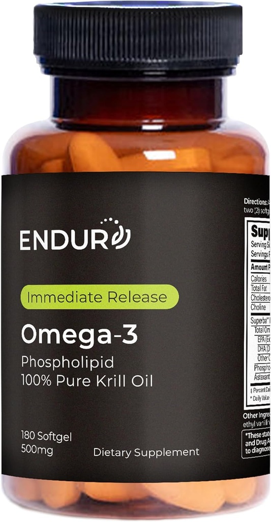 Endur Omega-3 Phospholipid (100% Pure Krill Oil), Heart Health Supplement, Formulated for Optimal Absorption, Gluten Free, 500mg (180 Softgels)