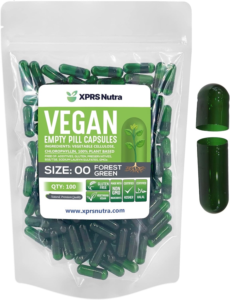 XPRS Nutra Size 00 Empty Capsules - 100 Conde Empty Vegan Capsules - Vegetarian Empty Pills - DIY Vegetable Capsule Filling- Veggie Pill Caps (Forest Green)