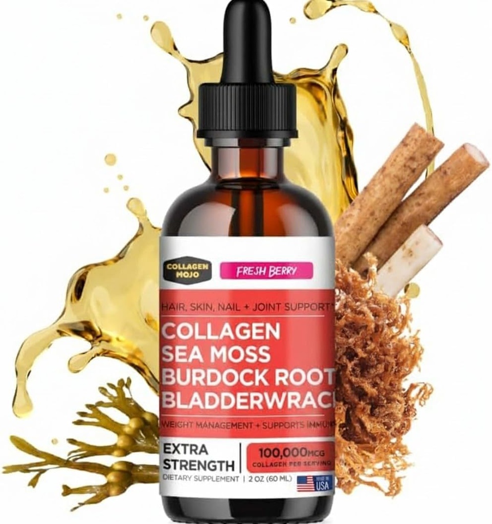 Collagen Mojo - Líquido Collagen para Hombres Mujer, Peptides de Collagen con Moss Mar, Burdock Root & Bladderwrack - Cabello, Esquí, uñas, soporte conjunto, gestión de peso, alta absorción - 100.000mcg, 2 Oz