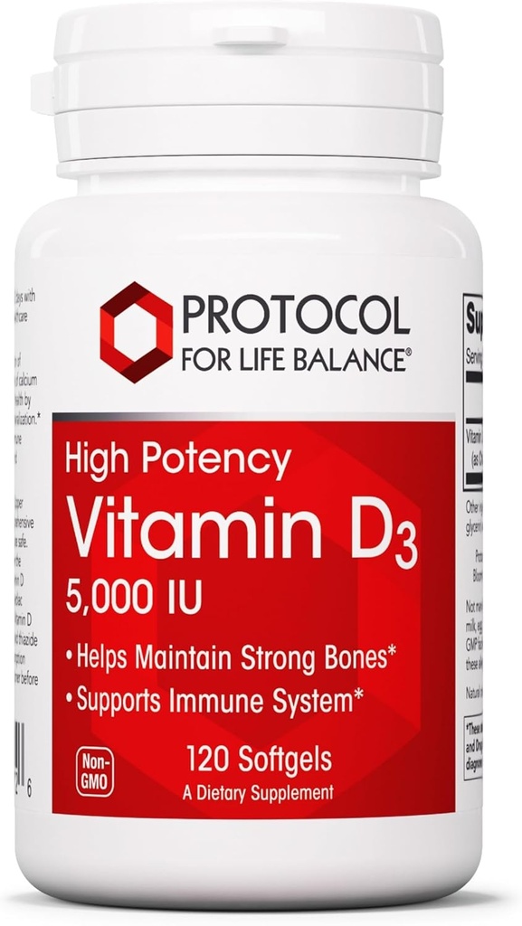 PROTOCOLO PARA LA BALANCE DE VIDA - Vitamina D3 5000 UI (High Potency) Apoya la Absorción del Calcio, la Bonificación y la Salud Dental, Función del Sistema Inmune, Sistema Nervioso y Función Cognitiva - 120 Softgels