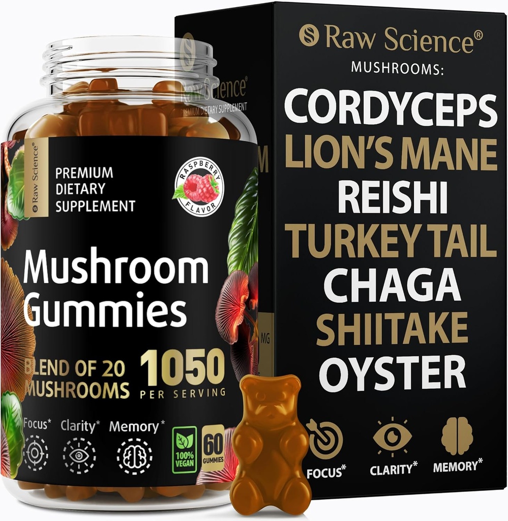 Mushrooms Complex Gummies with Lions Mane, Nootropic Brain Supplements for Memory and Focus: Lion's Mane, Cordyceps, Shiitake, Turquía Tail, Reishi, Chaga, Enoki, Oyster Mushroom Suplemento - 60 Unidades