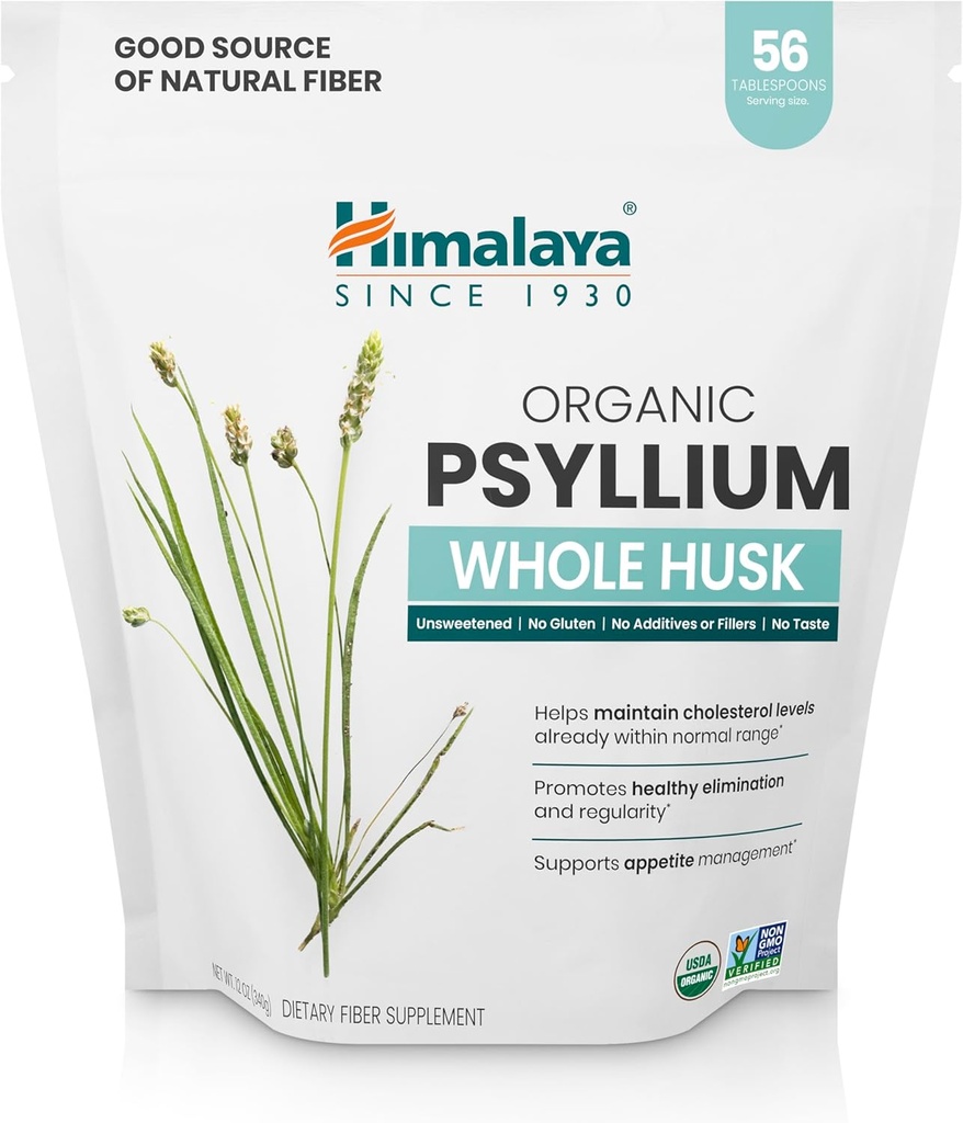 Himalaya Orgánica Psyllium Whole Husk, Natural Daily Fiber Supplement, Regularity, Appetite Management, USDA Certified Organic, Non-GMO, 56-Tablespoon Supply, Unflavored, 12 Oz