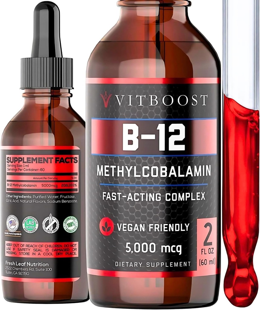 Vegan Líquido B-12 gotas – 60 x 5000 mcg Extra Strength Raspberry Flavored Vitamina B12 Liquid Methylcobalamin sublingual Suplemento TENIDO Diseñado para maximizar la absorción &amp; energía TEN Gluten Free