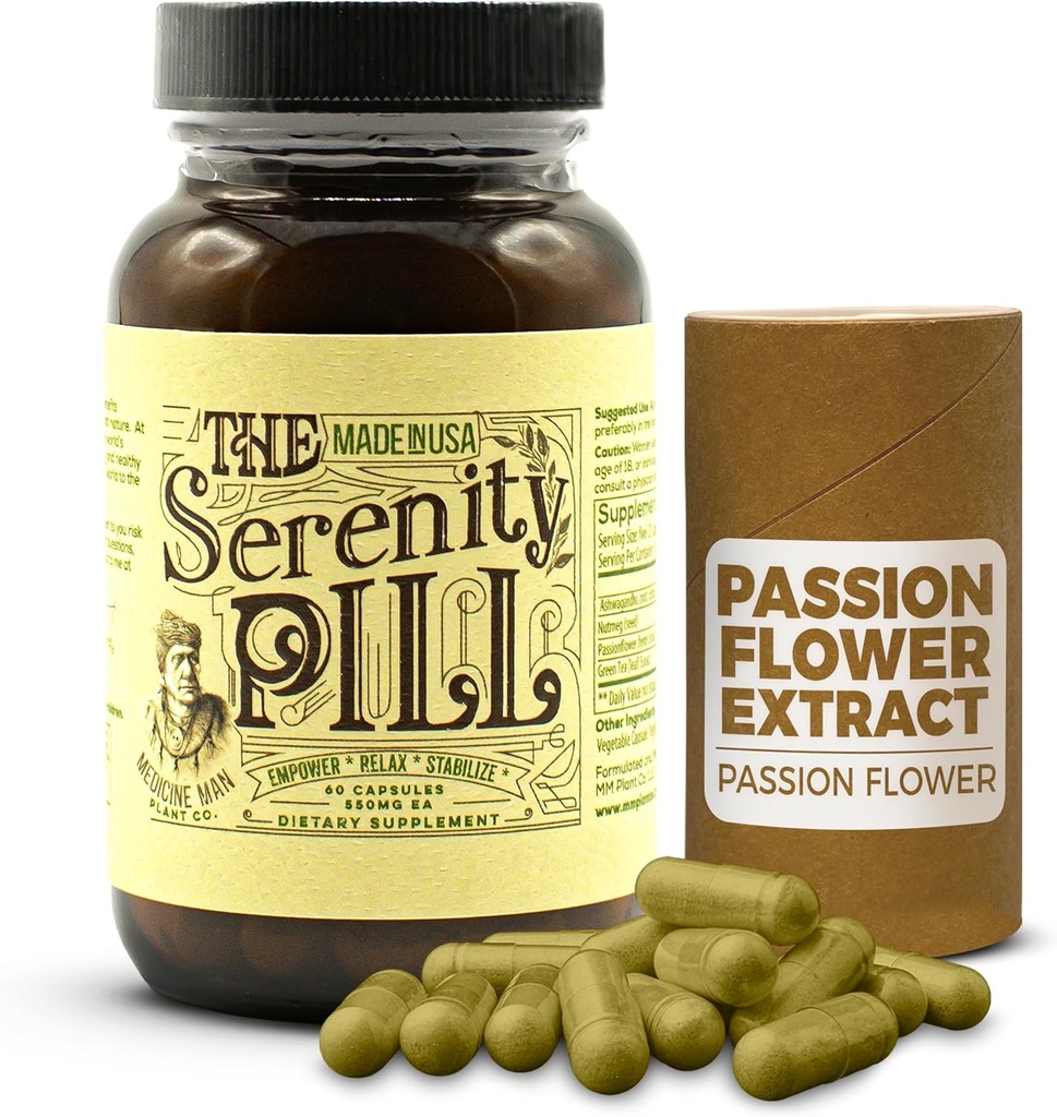 The Serenity Pill 60 Caps - Orgánica Mood Pills & Anti Stress Suplemento w / Ashwagandha Extracto de la raíz, Extracto de la flor de la pasión, Nutmeg & Green Tea Extract - Natural Passion Flower Supplement for Stress