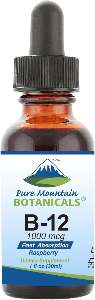 Pure Mountain Botanicals B12 Vitamin 1000 mcg – Kosher Liquid B12 Drops with Natural Berry Flavor