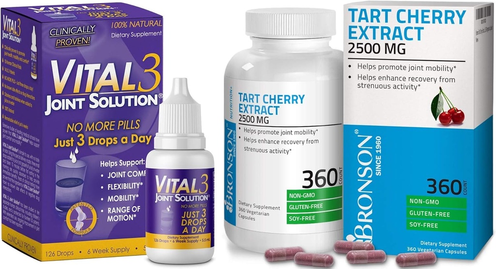 Vital 3 Joint Solution® Clinically Provenida Liquid Knee Relief Suplemento + Bronson Tart Cherry Extracto 2500 mg Vegetarian Capsules