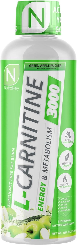 NutraKey L-Carnitine 3000mg, No Sugar, Gluten Free, Turn Into Fuel, (Gran Apple) 31 Servimientos