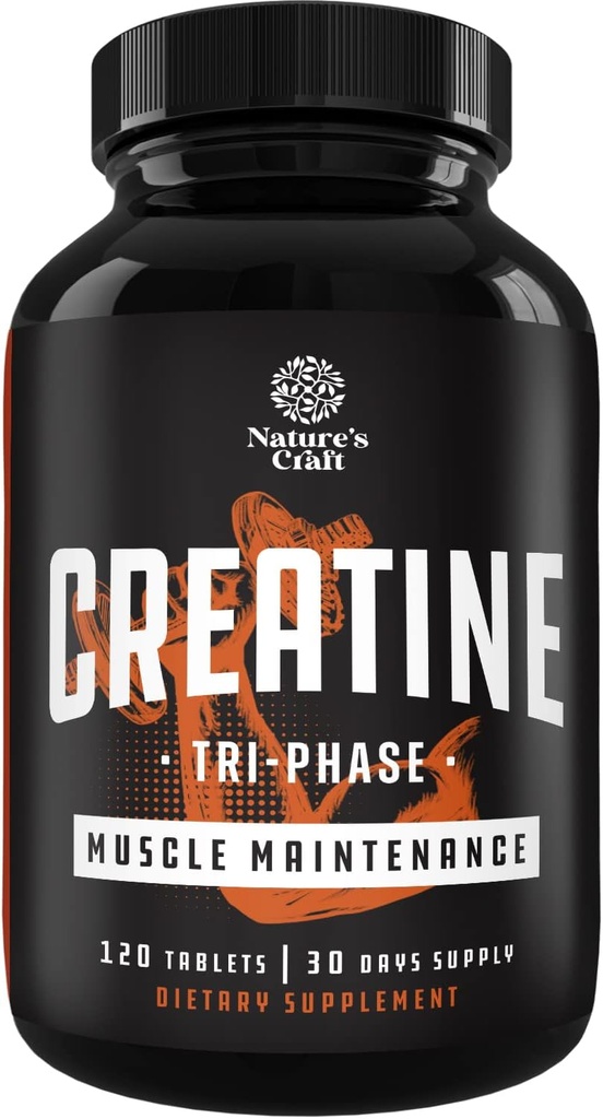 Natures Craft High Strength Tri Phase Creatine Tablets for Women &amp; Hombre - Fórmula Blend of Creatine Monohydrate, 300mg HCL & Pyruvate Supplement - Muscle Mass Gain &amp; Recovery Supplement - 120 Tablets