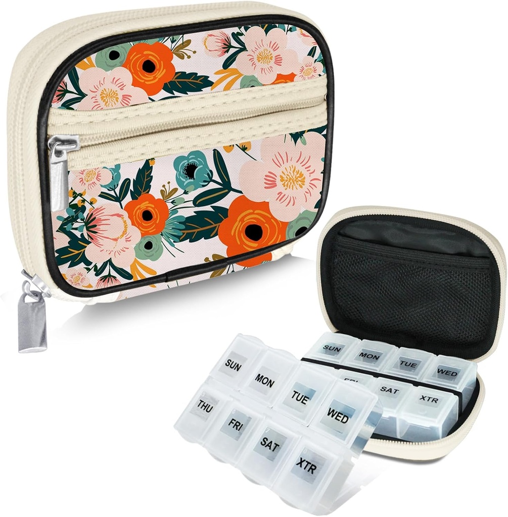 Serfeymi Caja de píldoras de viaje semanal para fines con caja extraíble de 7 días, caja de píldoras de viaje de moda Organizador de píldoras para la medicina, vitamina, suplemento - Bloom 01 + caja de píldoras
