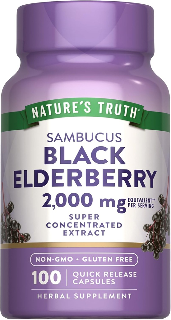 La verdad de la naturaleza Capsules de arándano Negro Silenciosos 100 Conde Ø Super Concentrado Sambucus Extracto ← No GMO y Gluten Suplemento Libre