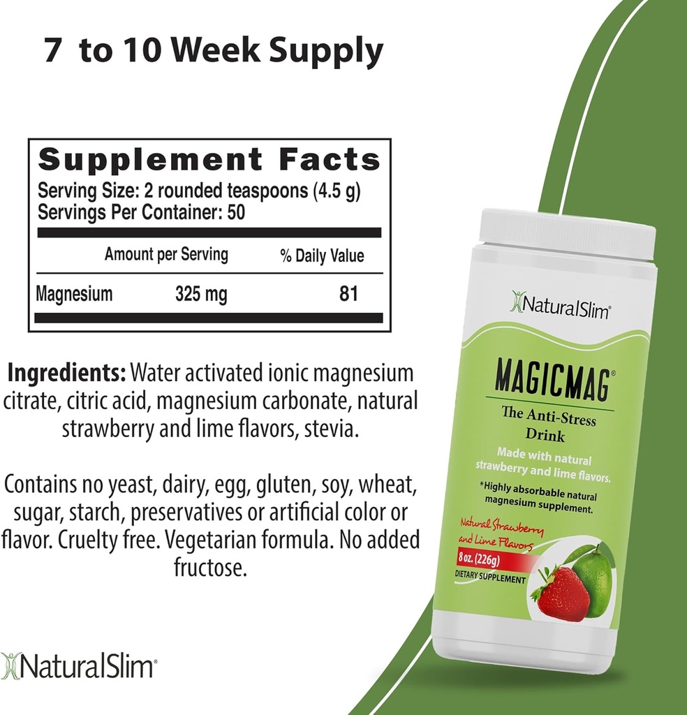 NaturalSlim Magicmag Pure Magnesium Citrate Powder – Estrés, Estreñimiento, Muscle y Heart Support ← Natural Strawberry & Lime Flavored Magnesium Supplement - 8oz Drink Mix (2 Pack)